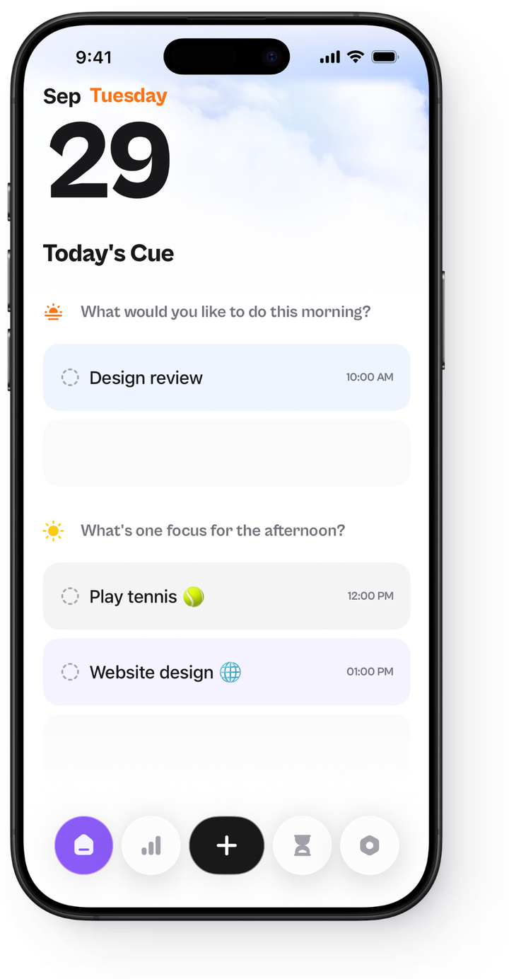 Cuesa on iPhone: today's cues for Tuesday the 29th, a design review in the morning, tennis and website design in the afternoon.
